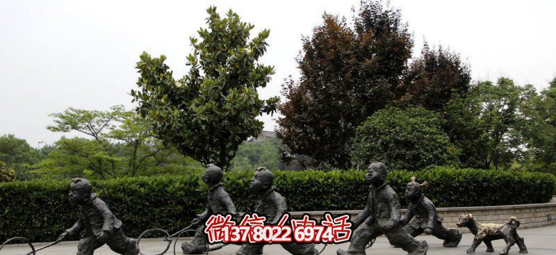 推鐵環，兒童奔跑，公園雕塑銅雕