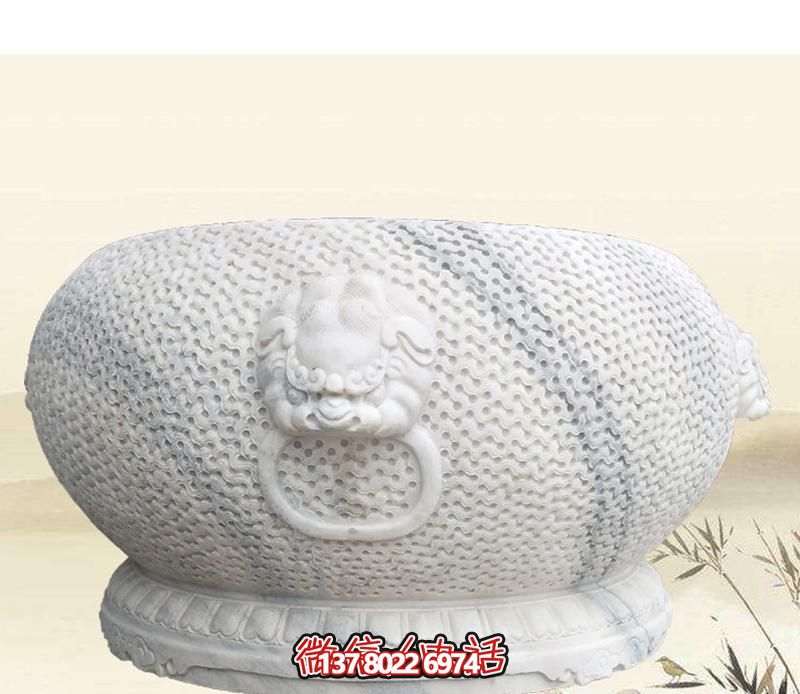 精美狴犴圓形雕塑，點綴庭院水缸浮雕