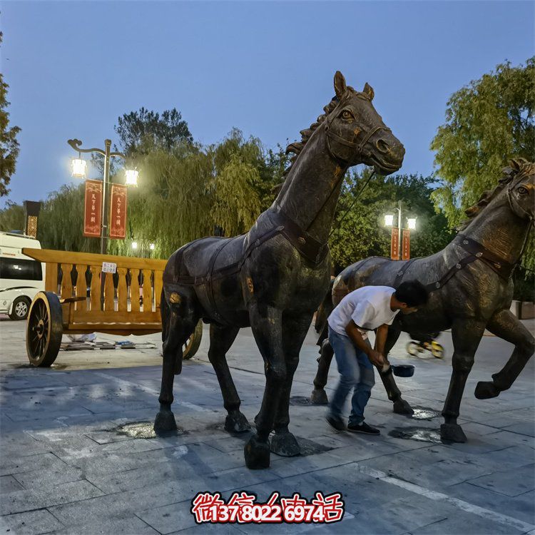仿古銅中式馬拉車玻璃鋼景觀雕塑，非凡戶外擺放裝飾