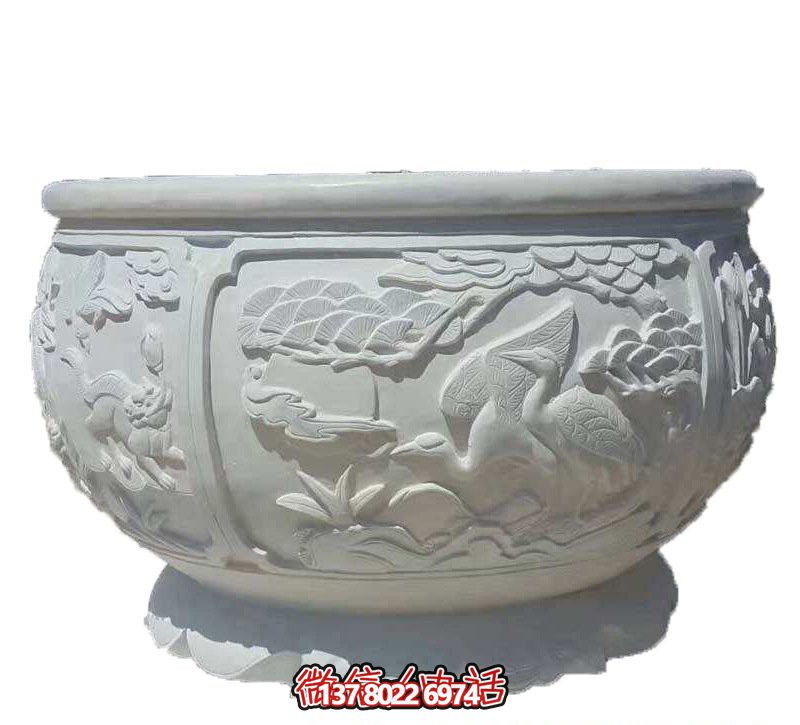 漢白玉松鶴延年浮雕庭院缸雕塑 漢白玉松鶴延年浮雕庭院缸雕塑